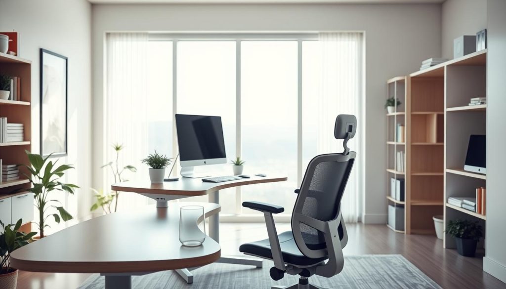 A bright, well-lit home office with an ergonomic desk setup. In the foreground, a sleek, adjustable desk with a comfortable office chair. The desk features a curved surface and rounded edges, promoting good posture. On the desk, a modern monitor, a minimalist keyboard and mouse, and a few plants for a touch of nature. The middle ground showcases a large, floor-to-ceiling window, allowing ample natural light to fill the space. In the background, bookshelves and other storage solutions, creating a serene and organized workspace. The overall atmosphere is calm, focused, and designed to support long hours of productive and comfortable work.