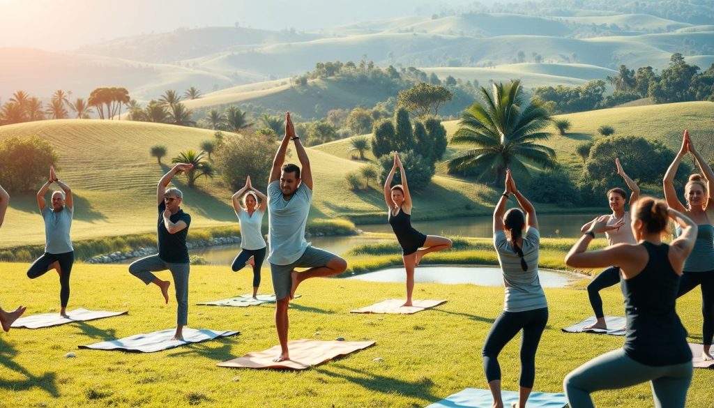 A serene, sun-dappled outdoor setting with a group of people gracefully performing various Ayurvedic yoga and exercise poses. The foreground features a diverse range of practitioners - men and women of different ages and body types - intently focused on their movements, their expressions radiating calm and mindfulness. The middle ground showcases a variety of dynamic asanas, from standing balances to seated twists, all executed with fluidity and control. In the background, a lush, verdant landscape unfolds, with rolling hills, swaying trees, and a tranquil pond reflecting the natural beauty of the surroundings. The lighting is soft and warm, creating a sense of tranquility and harmony. The overall scene conveys the integration of physical, mental, and spiritual well-being inherent in Ayurvedic exercise practices.