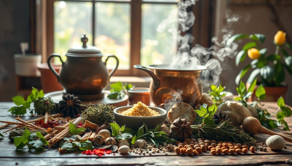A still life scene of an Ayurvedic detox preparation. In the foreground, an array of freshly harvested herbs, spices, and botanical ingredients, arranged with care on a rustic wooden surface. The middle ground features a traditional copper pot or kettle, steaming gently, its contents simmering with the aromas of ancient healing traditions. In the background, a window frames a serene, sun-dappled garden, hinting at the natural, holistic nature of the Ayurvedic approach. Soft, diffused lighting creates a warm, inviting atmosphere, conveying a sense of wellness, balance, and personal rejuvenation. The overall composition evokes a sense of mindfulness, simplicity, and the rejuvenating power of nature.