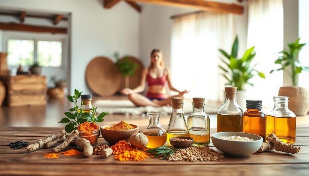 A tranquil Ayurvedic wellness scene featuring an array of natural detox remedies. In the foreground, a wooden table displays a selection of Ayurvedic herbs, spices, and oils, including turmeric, ginger, and sesame oil. In the middle ground, a person sits cross-legged on a plush rug, practicing meditation or yoga. The background depicts a serene, sunlit room with earthy tones and natural textures, such as exposed wooden beams and a lush potted plant. Soft, diffuse lighting creates a calming, therapeutic atmosphere. The composition emphasizes balance, harmony, and the holistic approach of Ayurvedic detoxification.