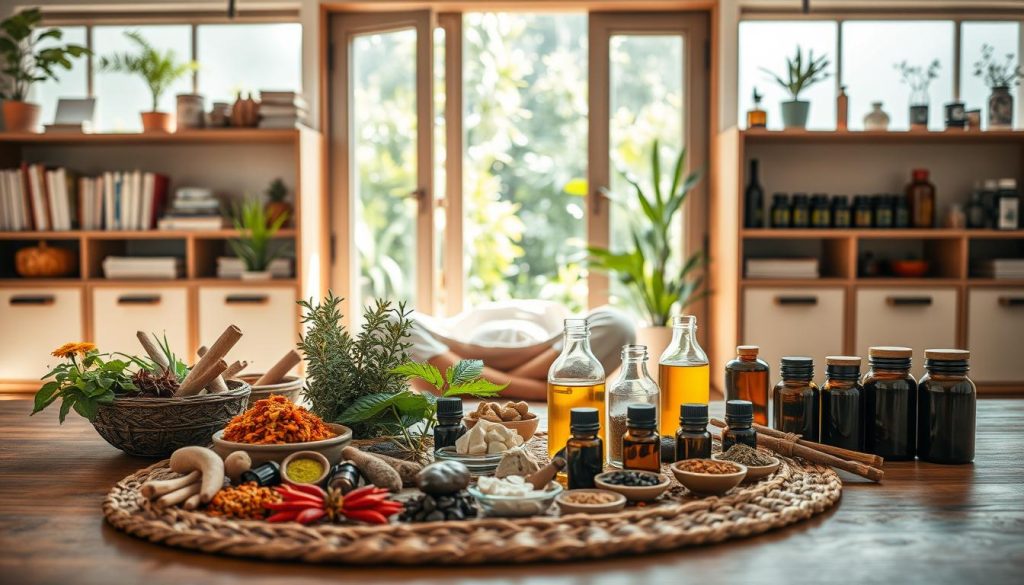 A tranquil scene of an Ayurvedic lifestyle unfolding in natural light. In the foreground, a person sits cross-legged on a woven mat, eyes closed in meditation, their posture exuding a sense of inner calm. Surrounding them are various Ayurvedic herbs, spices, and essential oils arranged artfully on a wooden table, their vibrant colors and earthy aromas evoking the holistic principles of this ancient practice. In the middle ground, a window frames a lush garden, its greenery and sunlight streaming in, creating a serene, spa-like ambiance. In the background, shelves hold Ayurvedic texts, jars of herbal remedies, and other accoutrements of the holistic lifestyle, all captured with a soft, dreamy focus.