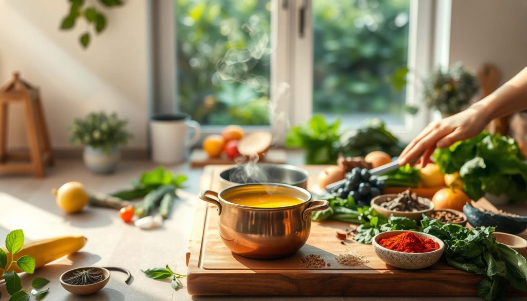 A tranquil, sun-drenched kitchen countertop, adorned with a vibrant assortment of Ayurvedic ingredients - fresh produce, fragrant spices, and ancient healing herbs. In the foreground, a copper vessel filled with steaming golden turmeric milk, its aroma wafting through the air. Surrounding it, a carefully curated spread of colorful fruits, leafy greens, and aromatic seasonings, each element a testament to the principles of Ayurvedic nutrition. The middle ground features a wooden cutting board, where a skilled hand prepares a nourishing Ayurvedic dish, using traditional methods and time-honored recipes. In the background, a window frames a lush, verdant garden, suggesting a connection to the natural world and the holistic approach of Ayurveda. The lighting is soft and warm, creating a serene and inviting atmosphere, reflecting the timeless wisdom of this ancient wellness tradition.