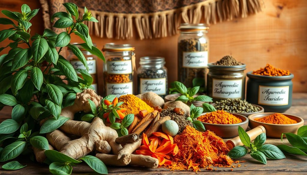 A vibrant still life of an Ayurvedic herbal apothecary against a warm, earthy backdrop. In the foreground, an artful arrangement of fresh herbs like turmeric, ginger, ashwagandha, and holy basil, their vivid colors and intricate textures highlighted by soft, diffused lighting. In the middle ground, an array of glass jars and ceramic bowls filled with dried herbs, powders, and tinctures, their labels hand-lettered in an elegant script. The background features a weathered wooden table or shelf, with a tapestry or woven textile adding a touch of warmth and organic texture. The overall mood is one of natural wellness, tradition, and holistic harmony.