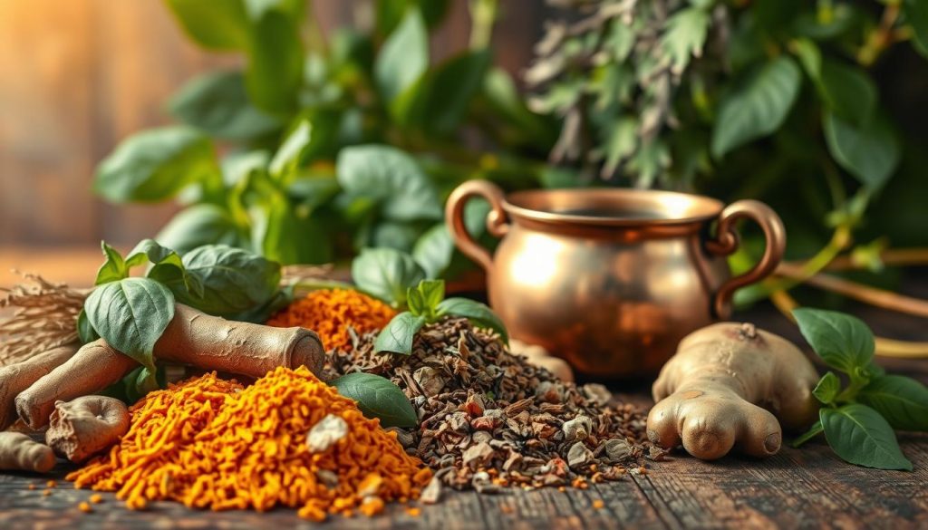 Ayurvedic Herbs for Immunity: a vibrant still-life arrangement on a rustic wooden table, backlit by soft, warm lighting. In the foreground, an assortment of whole and crushed dried herbs, including turmeric, ashwagandha, ginger, and holy basil. In the middle ground, an Ayurvedic copper vessel filled with a fragrant concoction, steam rising gently. The background features lush, verdant leaves and stems, hinting at the natural, holistic origins of these medicinal plants. The overall composition exudes a sense of balance, wellness, and the healing power of traditional Ayurvedic remedies.