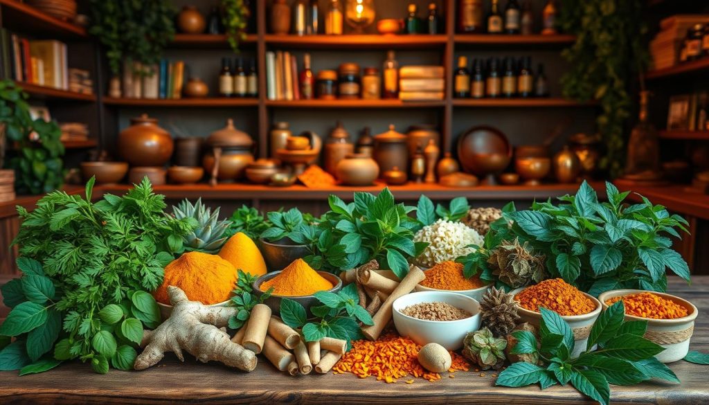 Lush, verdant scene of an Ayurvedic apothecary. In the foreground, an array of vibrant medicinal herbs and spices - turmeric, ginger, ashwagandha, triphala - arranged artfully on a wooden table. Behind them, a collection of Ayurvedic bowls, jars, and utensils, bathed in warm, soft lighting. In the background, shelves stocked with Ayurvedic literature, oils, and tonics, hinting at the depth of this ancient holistic tradition. The composition evokes a sense of balance, purity, and the restorative power of nature's abundant remedies.